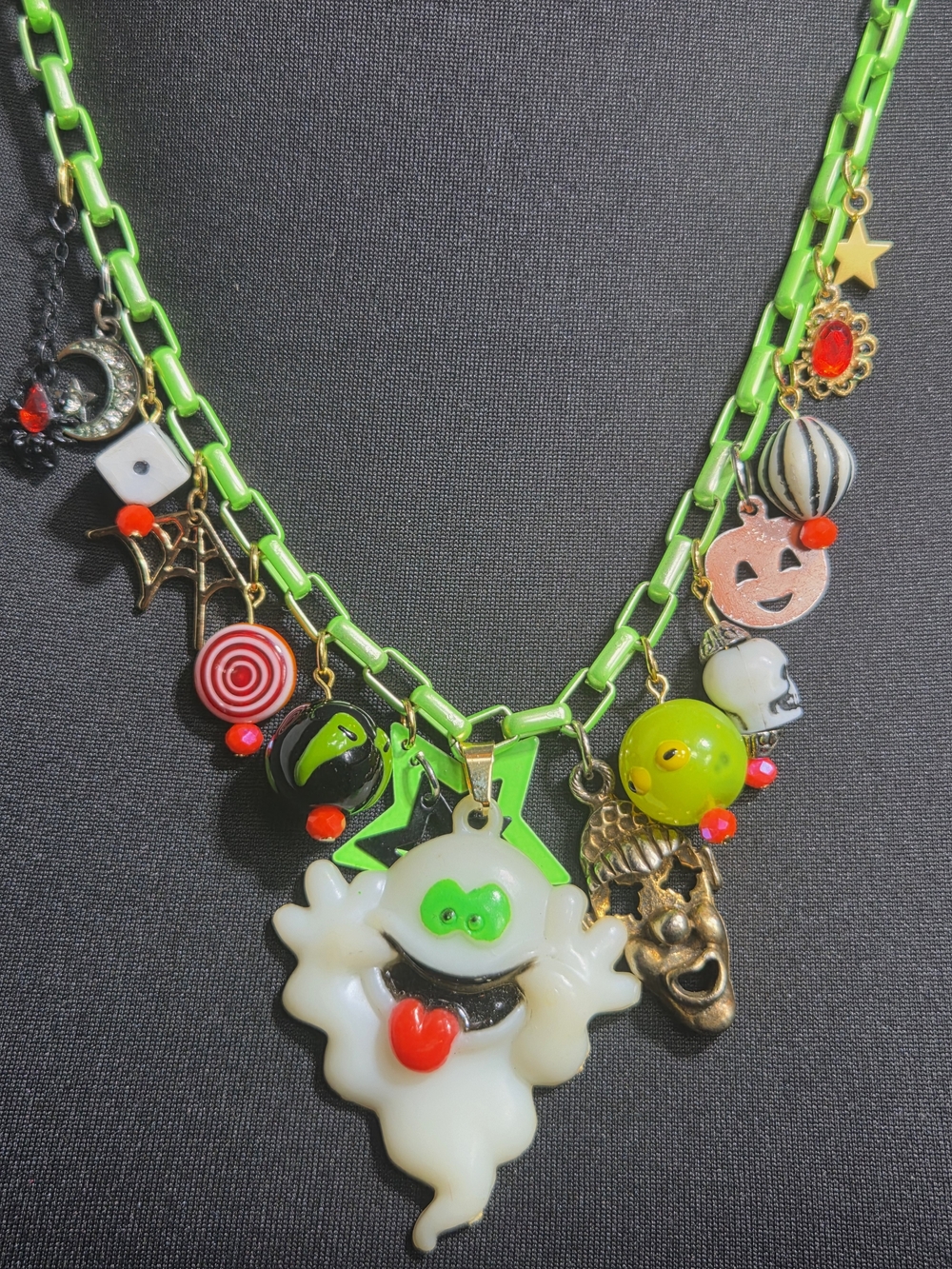 OOAK Kitsch Halloween Charm Necklace Neon Green 20" Chain Ghost Pumpkin Skull